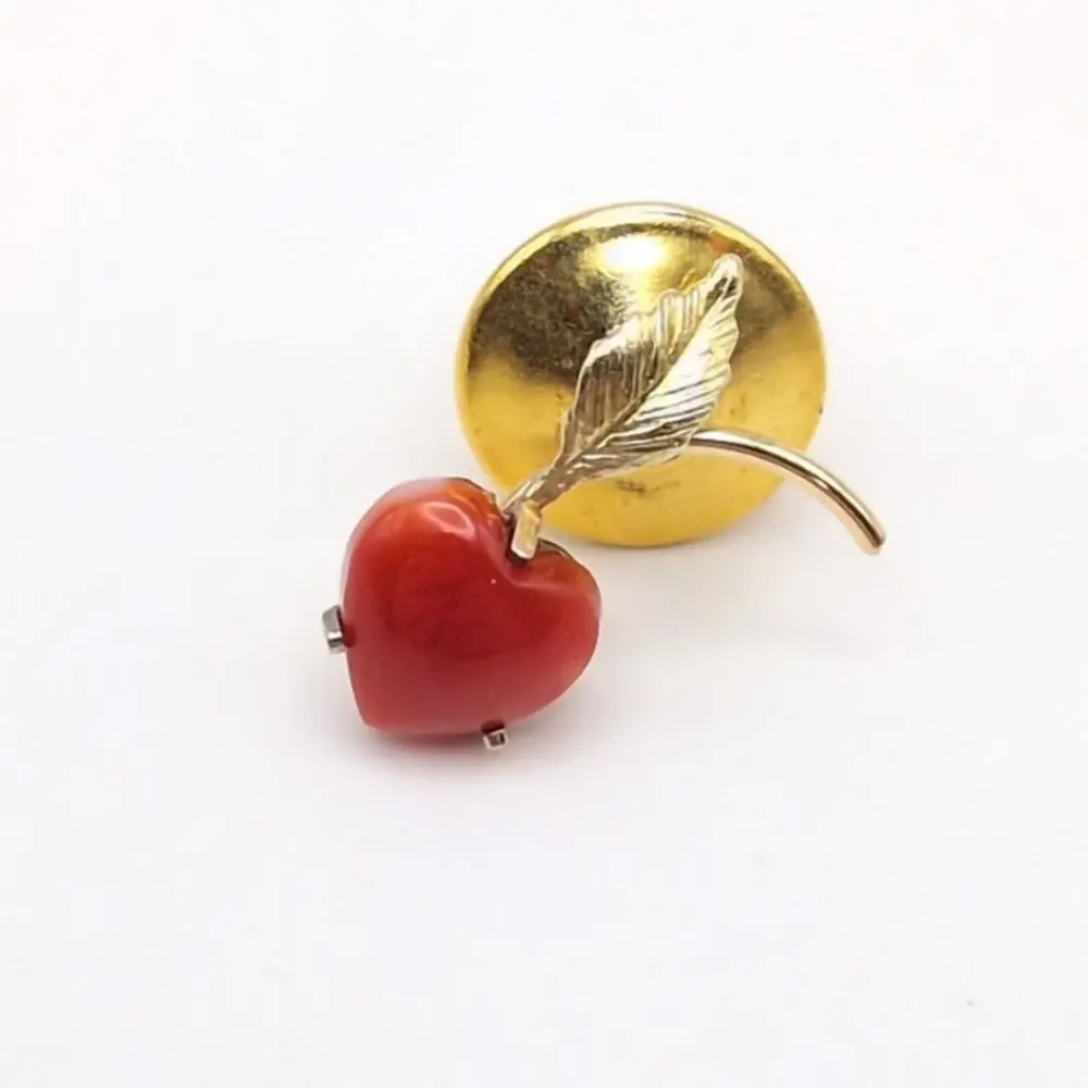Vintage Krementz Mini Tiny Lapel Pin Red Coral Heart Leaf Cherry Gold Tone